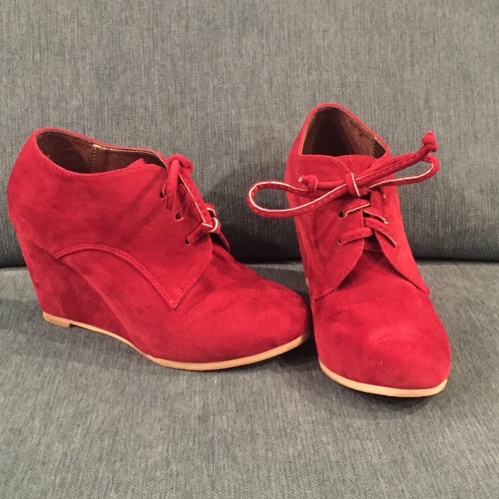 Red suede lace up wedge booties